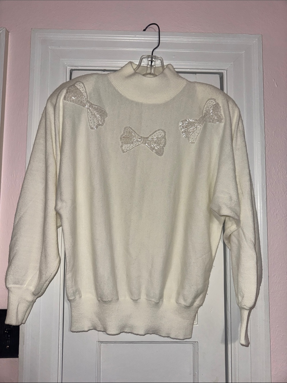 Vintage Cream Bow Appliqué Mock Neck Sweater